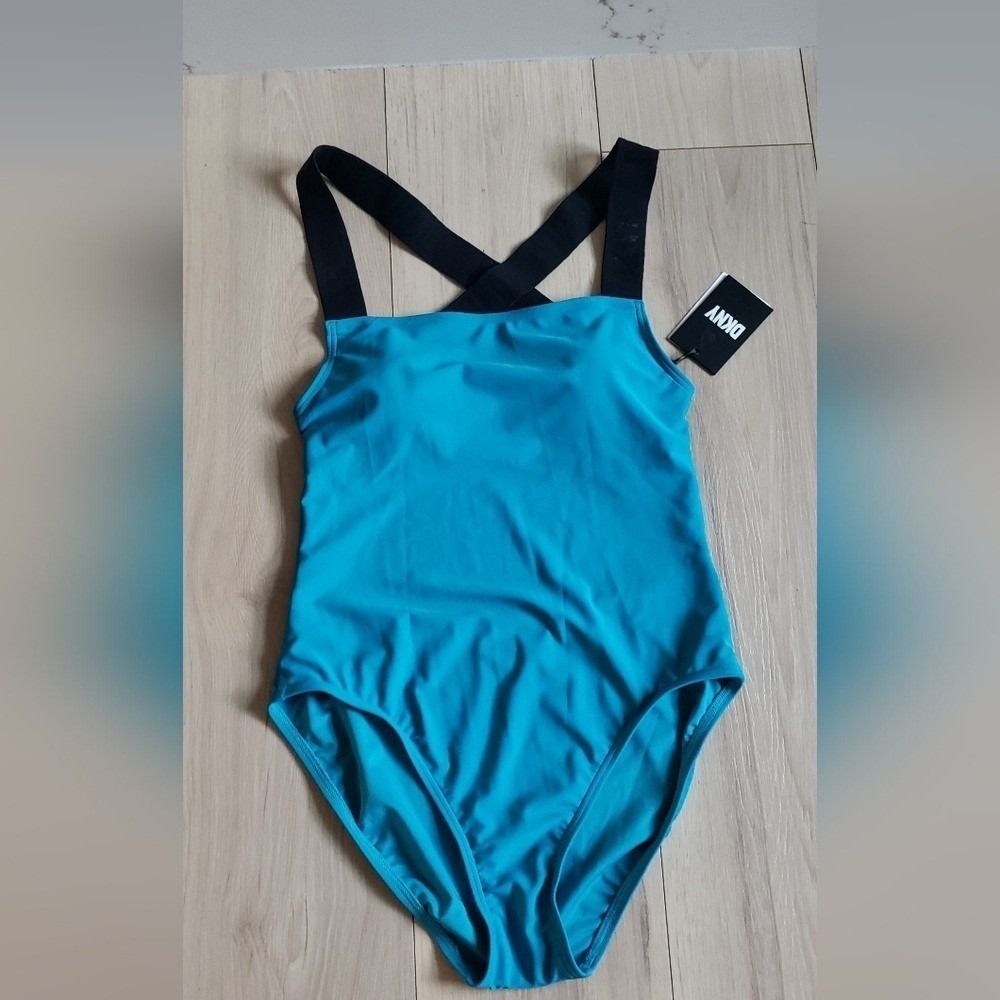DKNY One Piece Swimsuit Womens L Blue Logo Crossback Straps Athletic Swimwear - Picture 3 of 10